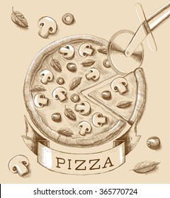pizza. vector drawing. Vintage style. 