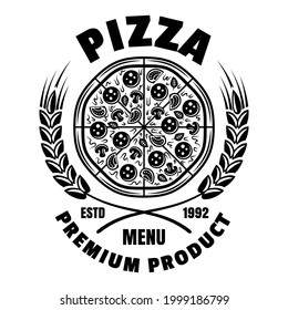 Pizza vector emblem, badge, label or logo in vintage monochrome style isolated on white