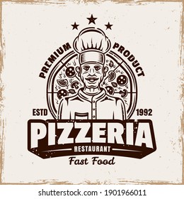 Pizza vector emblem, logo, badge or label with chef in vintage style isolated on background with removable grunge texture