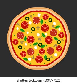 Pizza vector flat icons isolated on dark background.
