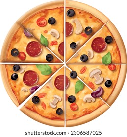 A pizza vector is a graphical representation of a pizza. Typically, it features a circular shape filled with warm colors to depict the crust and cheese.