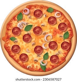 A pizza vector is a graphical representation of a pizza. Typically, it features a circular shape filled with warm colors to depict the crust and cheese.