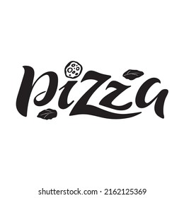 Pizza. Grabado de la mano del vector. Cartas pintadas de negro con pizza por encima y hojas de albahaca. Cartas creativas. imagen digital para pizzería café panner cartel con tarjeta de volante. La comida italiana.  Cocina napolitana. 