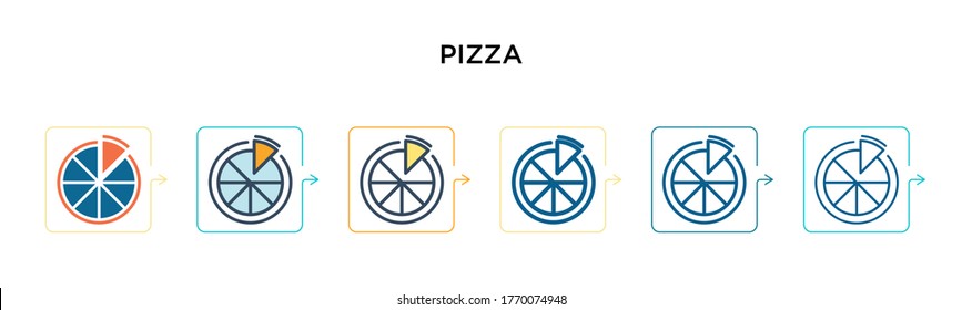 Pizza vector icon in 6 different modern styles. Black, two colored pizza icons designed in filled, outline, line and stroke style. Vector illustration can be used for web, mobile, ui