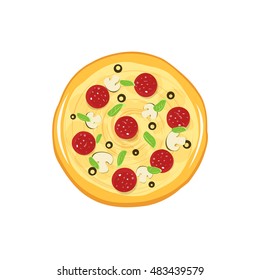 Pizza vector icon isolated on white background, flat cartoon round pizza top view