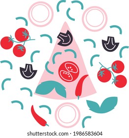 Ilustración vectorial de pizza. Marco circular con iconos de comida rápida. Ilustración conceptual para el embalaje y la publicidad. Se puede usar para el menú de restaurantes, portada, embalaje. Resumen de la plantilla del cartel de pizza.