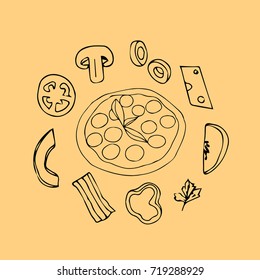 Pizza vector illustration. Doodle style. Design icon, print, logo, poster, symbol, decor, textile, paper