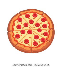 Pizza vector illustration, flat pizza with pepperoni  toppings vector art isolated on a white background