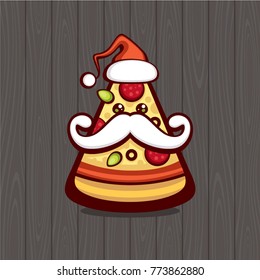 Ilustración vectorial Pizza. Gracioso personaje de caricatura. Plantilla de logotipo. Diseño navideño para menú y etiqueta de invierno.