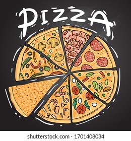 Pizza vector illustration. Hand drawn beautiful food illustration on blackboard.