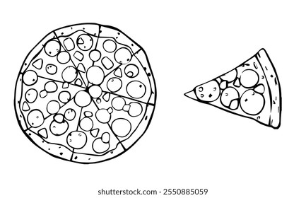 Pizza Vector illustration. Hand drawn Italian food in Black and White style. Pepperoni Fast Food Line Art painted by black inks. Menu design template