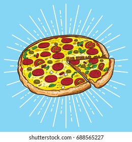 Pizza vector illustration, hand drawn Pizza illustration, Pizza vector poster,  Italian pizza,