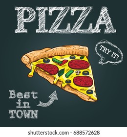 ilustração de vetor de pizza, ilustração de pizza desenhada à mão, cartaz de vetor de pizza