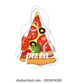 Pizza vector illustration isolated on white background. Paper art style with text