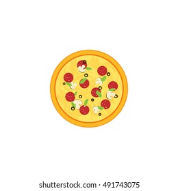 Pizza vector illustration isolated on white background, cartoon round pizza icon in flat cartoon design