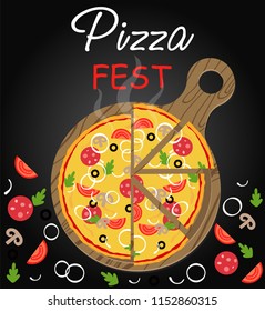 pizza. vector illustration, Italian pizza Festival template for invitation, cafe, bar menu, web, logo, infographics, postcards, banner, poster, promotion