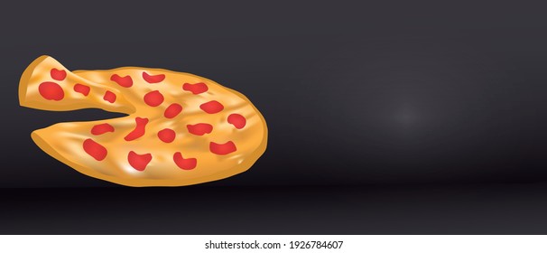 pizza vector illustration lifting a slice. copy space. text area. black background. eps 10. editable