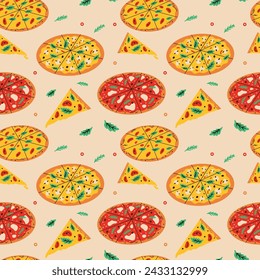  Ilustración vectorial de pizza patrón de vector sin fisuras, en estilo plano de dibujos animados de moda, diseño de menú de restaurante de comida italiana, sabrosa rebanada de pizza