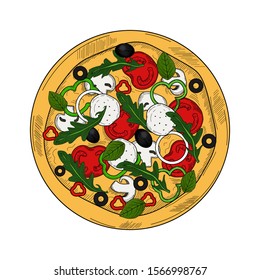 Pizza vector illustration in sketch engraved vintage style, isolated on white background. Hand draw illustration