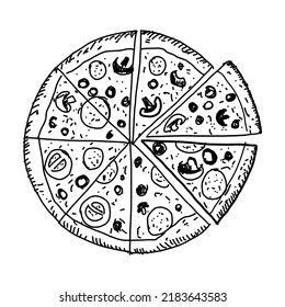 Pizza. ilustración vectorial. Estilo de esbozo. vista superior. Plantilla de diseño. Ilustración de estilo grabada. Ideal para menú, afiche o etiqueta. Vector.