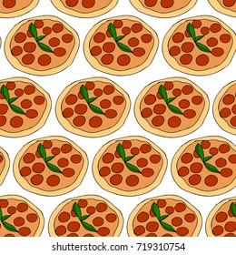 Pizza vector illustration.Doodle style. Design icon, print, logo, poster, symbol, decor, textile, paper Pizza slice with melted cheese and pepperoni. Image in cartoon style with contour. Unhealthy foo