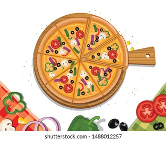 Pizza vector illustration-with slices from top angle