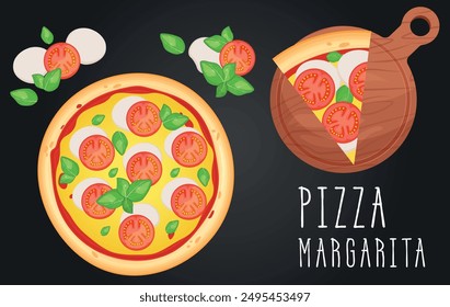 Imagen de Vector de pizza. Concepto de comida rápida. Comida para cafetería y restaurante. Elemento para su diseño de Sitio web, Anuncios y publicidad. Masa, queso, salsa