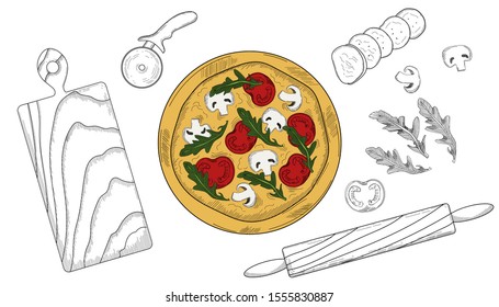 Pizza vector isolated illustration with cooking items in engraved vintage sketch style. template for banner, poster, flyer or other
