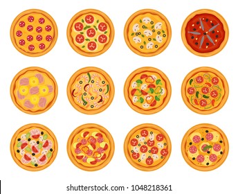 Pizza vector italian food with cheese and tomato in pizzeria or pizzahouse illustration set of baked pie in Italy isolated on white background