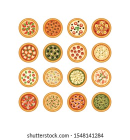 Pizza vector italian food with cheese and tomato in pizzeria and baked pie with sausages in pizzahouse in Italy illustration set isolated on white background