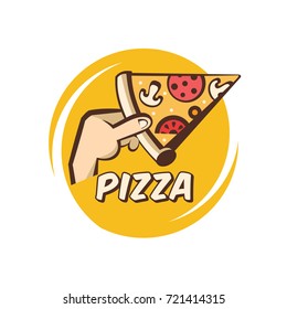 Pizza. Vector logo in a cartoon style. A slice of hot pizza with mushrooms, sausage, tomatoes and cheese in hand.