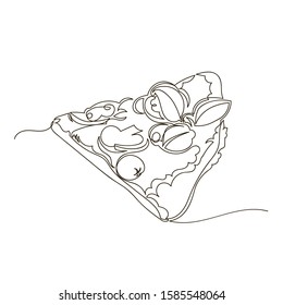 pizza. vector outline image of a slice of pizza with Basil. one line. continuous line