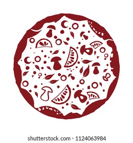 Pizza vector round sticker. Pizza with mushrooms and tomatoes Italian cuisine.
