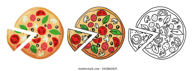 Pizza Vector Set on white background. Pizza Set Design Image. Colored and uncolored. Pizza with tomato, cheese, olive, sausage, basil. Traditional italian food. Top view. European snack. Isolated