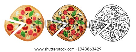 Pizza Vector Set on white background. Pizza Set Design Image. Colored and uncolored. Pizza with tomato, cheese, olive, sausage, basil. Traditional italian food. Top view. European snack. Isolated