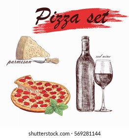 pizza vector set with red wine, basil and parmesan