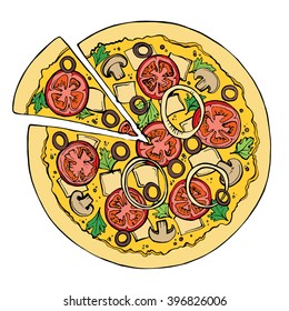 Pizza vector sketch. Fast food. Hand drawn illustration on white background