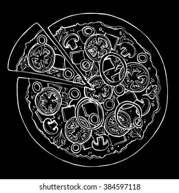 Pizza vector sketch. Hand drawn white illustration on black background. Fast food. 
