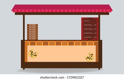 Pizza vector store in the town, with price list and the box. simple design and flat design