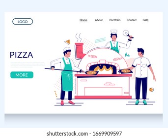 Pizza vector website template, web page and landing page design for website and mobile site development. Professional pizzeria restaurant chefs making italian pizza in traditional wood-fired oven.