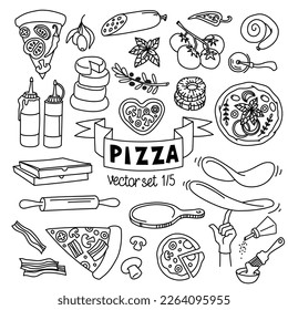 Dibujos de vectores de pizza. Pizza tipo, rodajas e ingredientes de cocina para el menú pizzería y entrega de pizzas. Ilustración vectorial. El contorno no se expande, el peso del trazo se puede editar