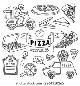 Pizza vectors drawings set. Pizza types, slices and cooking ingredients for pizzeria menu and pizza delivery. Vector illustration. Outline stroke is not expanded, stroke weight is editable