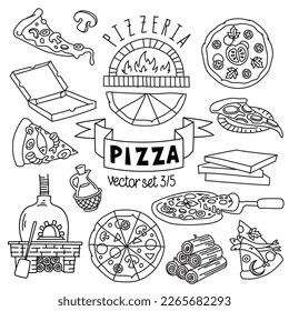 Pizza vectors drawings set. Pizza types, slices and cooking ingredients for pizzeria menu and pizza delivery. Vector illustration. Outline stroke is not expanded, stroke weight is editable