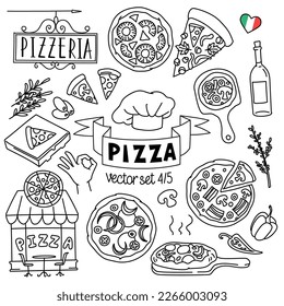 Pizza vectors drawings set. Pizza types, slices and cooking ingredients for pizzeria menu and pizza delivery. Vector illustration. Outline stroke is not expanded, stroke weight is editable