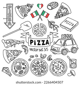 Pizza vectors drawings set. Pizza types, slices and cooking ingredients for pizzeria menu and pizza delivery. Vector illustration. Outline stroke is not expanded, stroke weight is editable