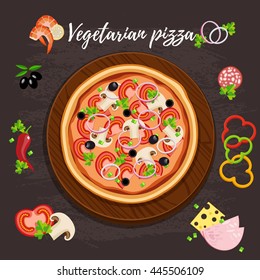 Pizza vegan  flat style vector illustration.  Flat style design - vector icon set of vegetarian pizza product  with ingredients. EPS 10