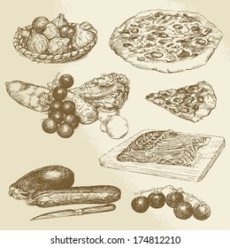 pizza, vegetables - hand drawn collection