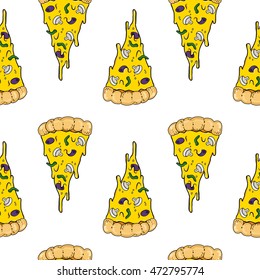 Pizza for vegetarians seamless pattern. White background for kitchen, textiles, wrapping paper, cards, invitations, website, banner, cafes, restaurants, coffee shops, catering. Vector illustration.