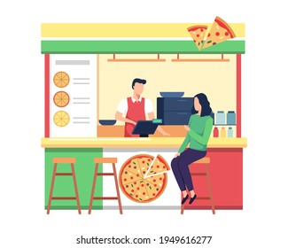 Pizza Vendor Shop Concept. Pizza Street Market Food Vector Illustration, Shop Owner Serve Customer. Young Woman Buy Pizza, Happy Man Seller Takeaway Pizza Fast Food To People. Vector In A Flat Style