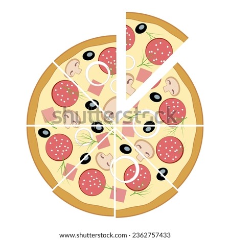 Pizza. View from above. Flat design. Cut pizza into 8 slices.